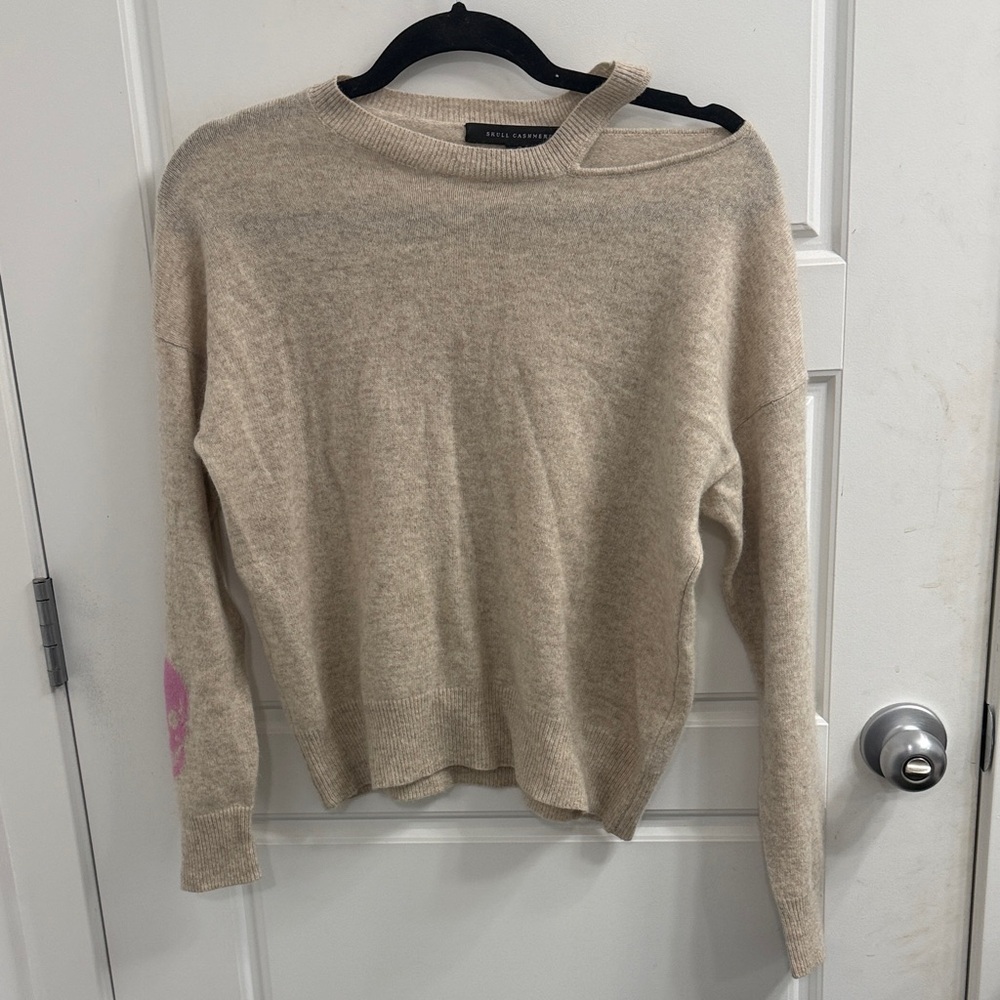 Skull Cashmere Crop Sweater Womens XS Asymmetrical Neck Cutout Pink on Oatmeal